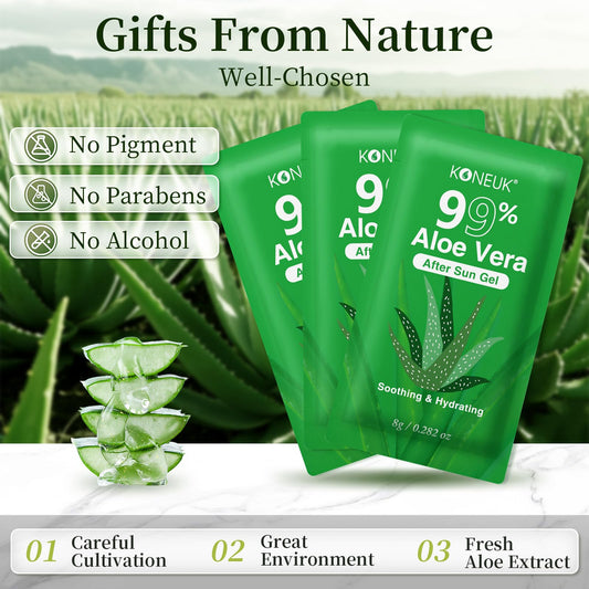 30 Pack 99% Pure Aloe Vera Gel for After Sun Skin Care Relief in green packets displayed with sliced aloe leaves and text highlighting no pigment, parabens, or alcohol for soothing hydration.