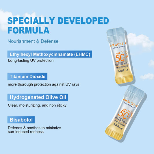 Two small sachets of sunscreen lotion with SPF 50 are shown against a blue sky background, highlighting ingredients like Ethylhexyl Methoxycinnamate, Titanium Dioxide, Hydrogenated Olive Oil, and Bisabolol for nourishment and UV protection, promoting the 30PCS Mini Travel Size Sunscreen Lotion for Face & Body, Lightweight & Non-Greasy.