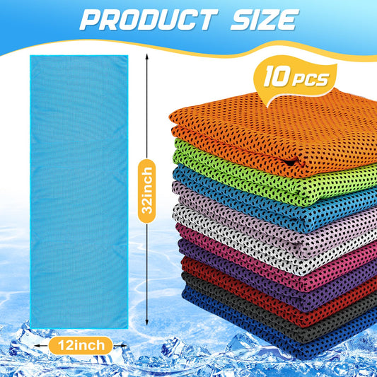 10 Pack Microfiber Cooling Towels. 32"L x 12"W, shown in assorted colors stacked next to a single unfolded blue towel on an icy background.