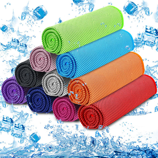 10 Pack Microfiber Cooling Towels. 32"L x 12"W, rolled in various vibrant colors, surrounded by ice cubes and water splashes to highlight their cooling effect.