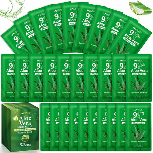 30 Pack 99% Pure Aloe Vera Gel for After Sun Skin Care Relief in green sachets arranged with a matching product box, highlighting soothing and hydrating after sun gel benefits.