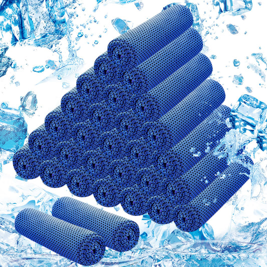 30 Pack Microfiber Cooling Towels (40"x12") neatly rolled and stacked with water droplets and ice cubes, highlighting their cooling and sweat-absorbing features.
