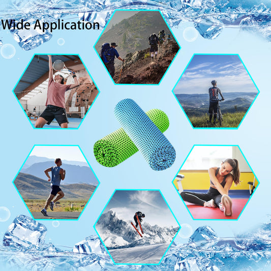 30 Pack Microfiber Cooling Towels (40"x12") displayed with images showing their use in various outdoor and fitness activities including hiking, running, tennis, skiing, and yoga for wide application and sweat relief.