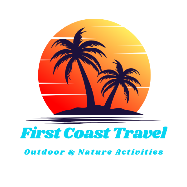 Logo featuring two silhouetted palm trees on a small island against a vibrant orange and yellow sunset background with the text "First Coast Travel" and "Outdoor & Nature Activities" below.