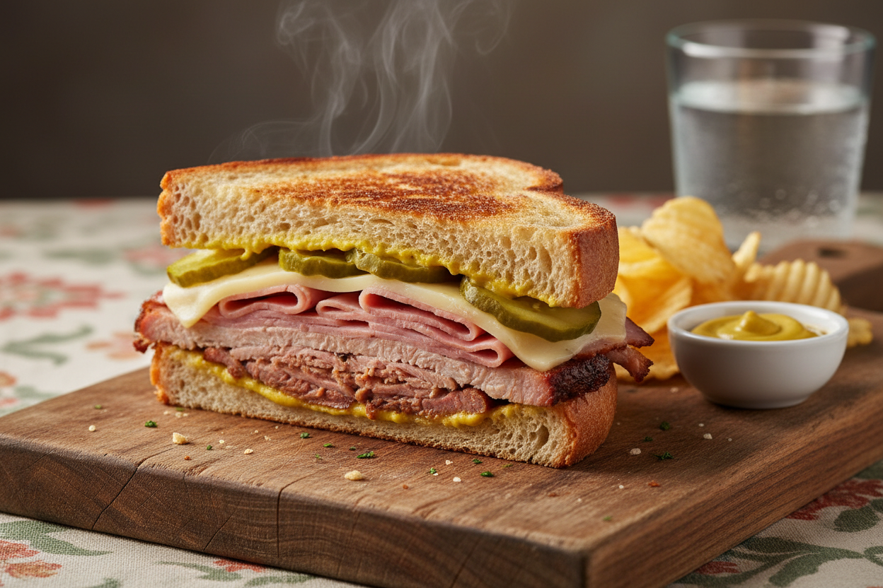 Close-up of a toasted sandwich with layers of ham, roast pork, melted cheese, and pickles on rustic bread, served on a wooden board with potato chips, mustard, and a glass of water in the background.