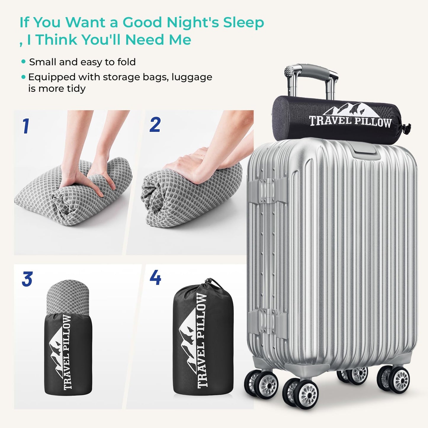 Memory Foam Travel Pillow for Ultimate Comfort on the Go being compressed, rolled, and packed into a compact black storage bag placed on a silver suitcase handle.