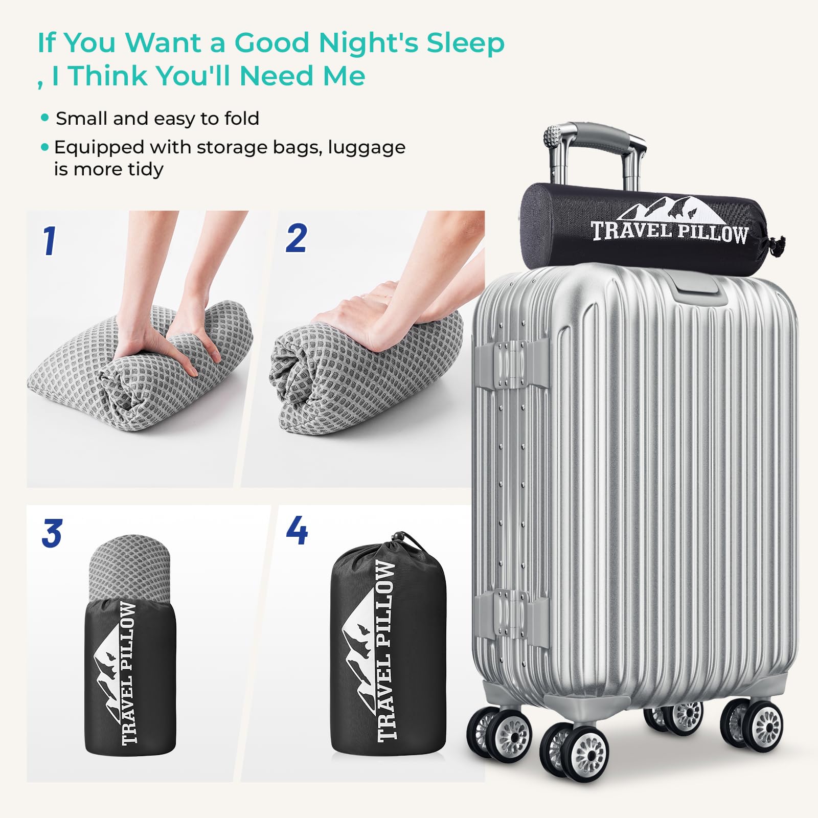 Memory Foam Travel Pillow for Ultimate Comfort on the Go being compressed, rolled, and packed into a compact black storage bag placed on a silver suitcase handle.