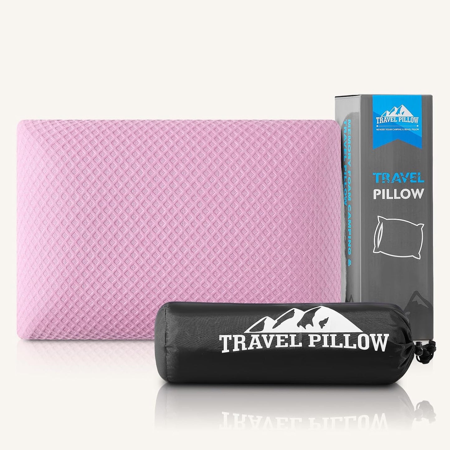 Memory Foam Travel Pillow for Ultimate Comfort on the Go in soft pink with textured cover, displayed with a black carry pouch and tall product box, designed for comfortable travel.