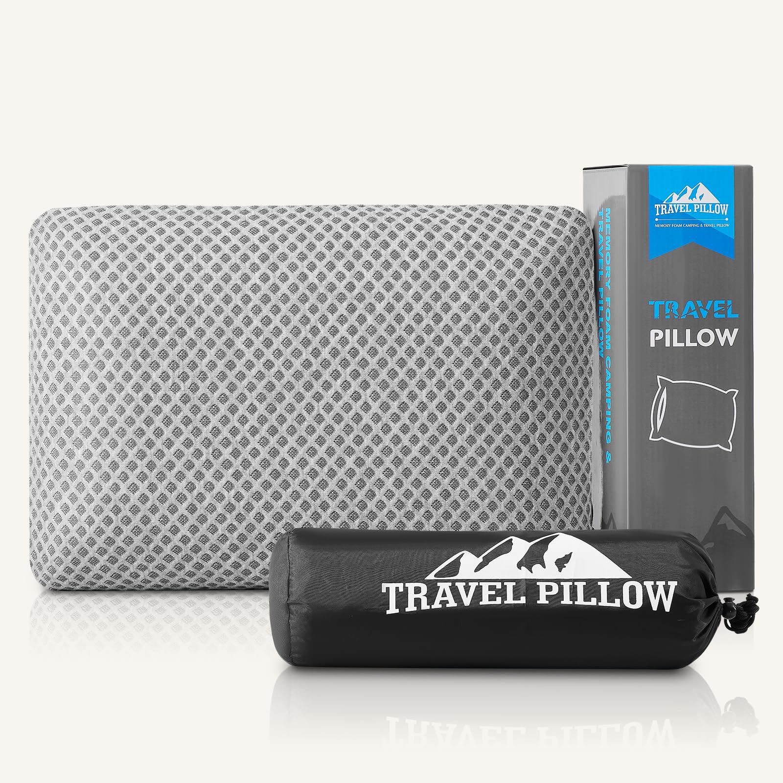 Memory Foam Travel Pillow for Ultimate Comfort on the Go shown with breathable gray cover, compact black carrying pouch, and branded packaging for easy travel convenience.