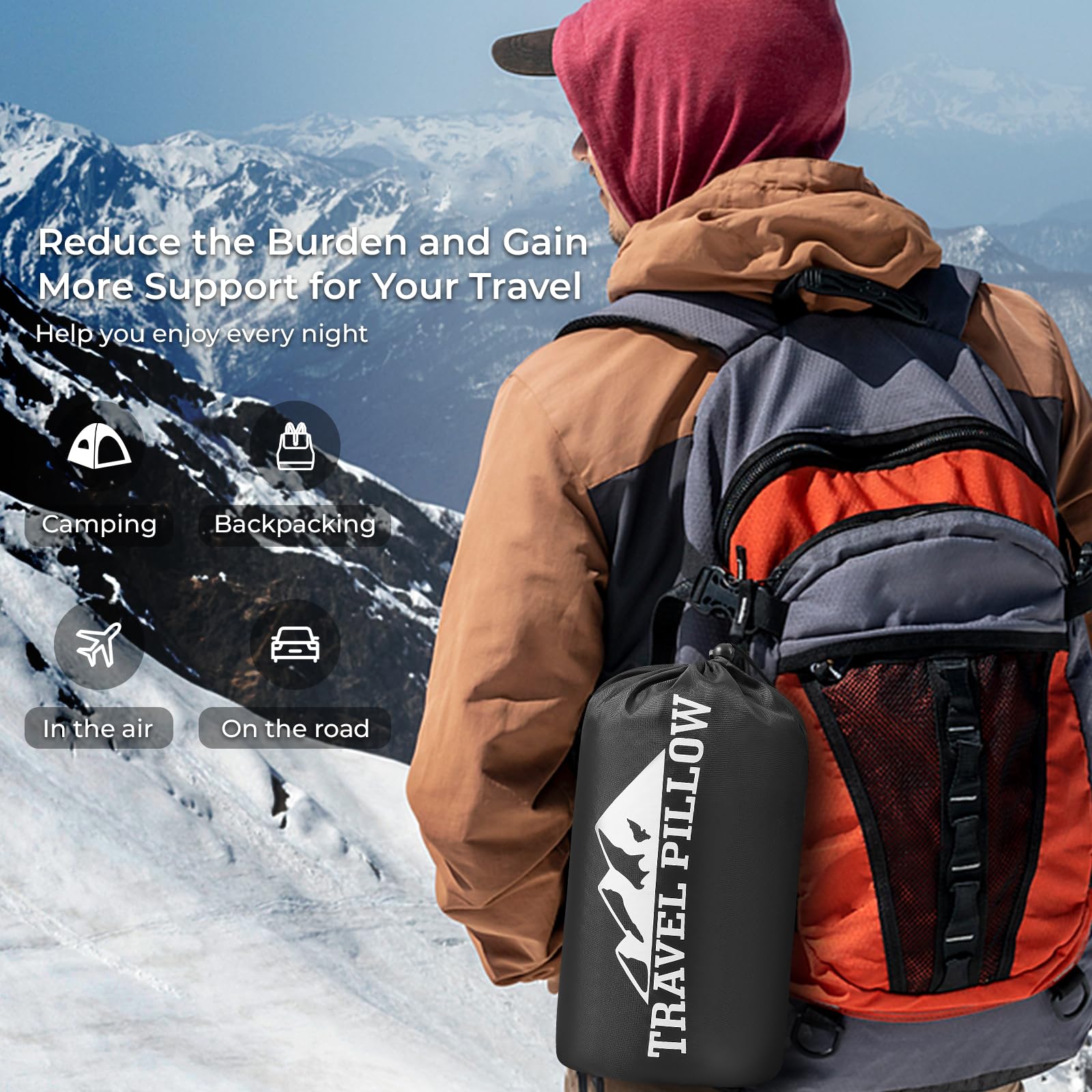 Person wearing a red hoodie and brown jacket with a backpack carrying a black travel pillow bag in a snowy mountain setting, highlighting the Memory Foam Travel Pillow for Ultimate Comfort on the Go.