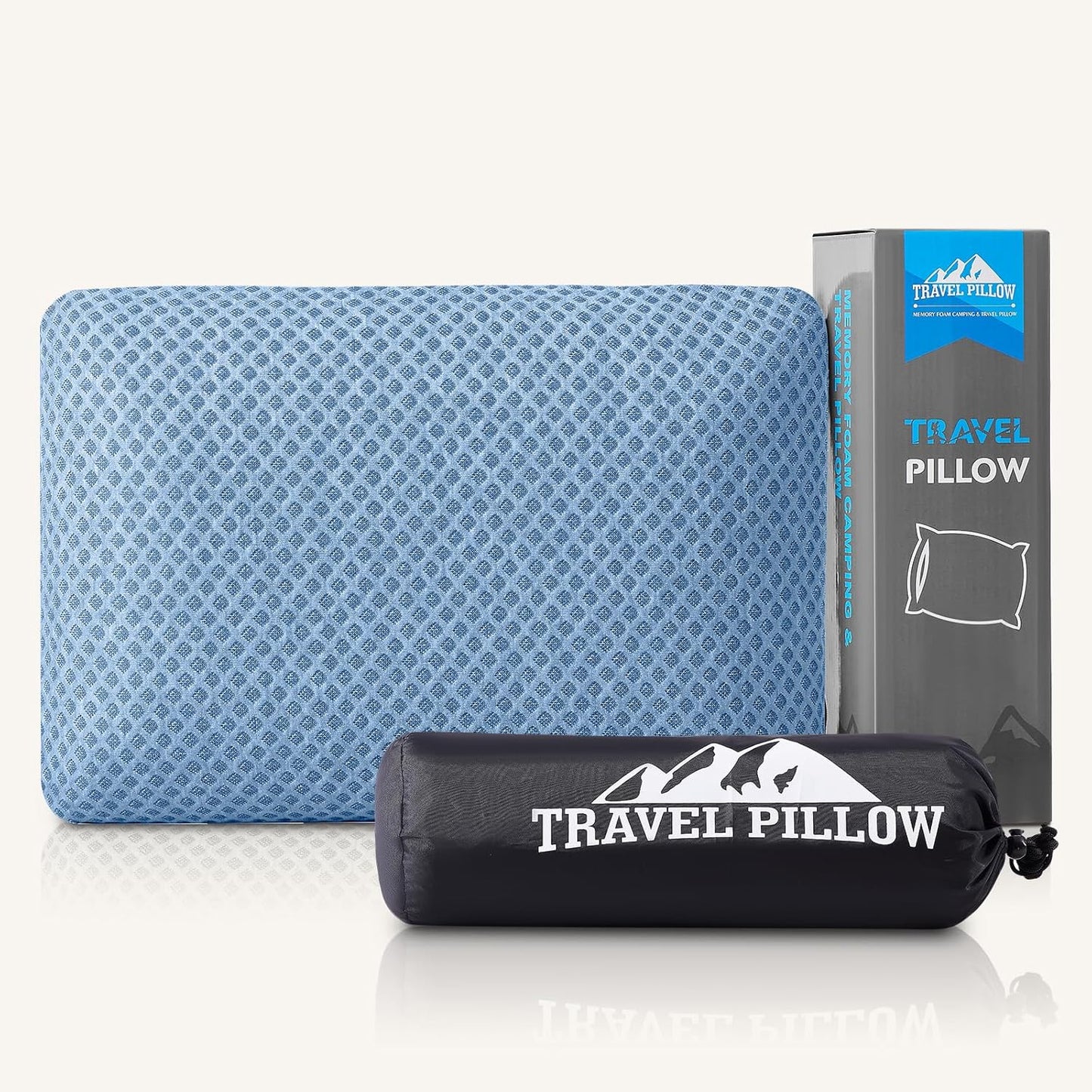 Memory Foam Travel Pillow for Ultimate Comfort on the Go shown with blue textured cover, compact black travel bag, and product packaging designed for easy portability and support.