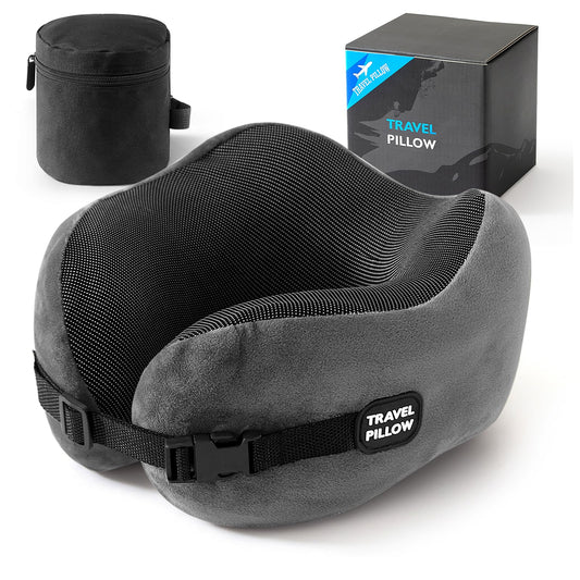 Neck Pillow Memory Foam - 100% Pure Comfort and Support travel pillow in gray with ergonomic design, adjustable strap, and carrying case, ideal for comfortable travel.